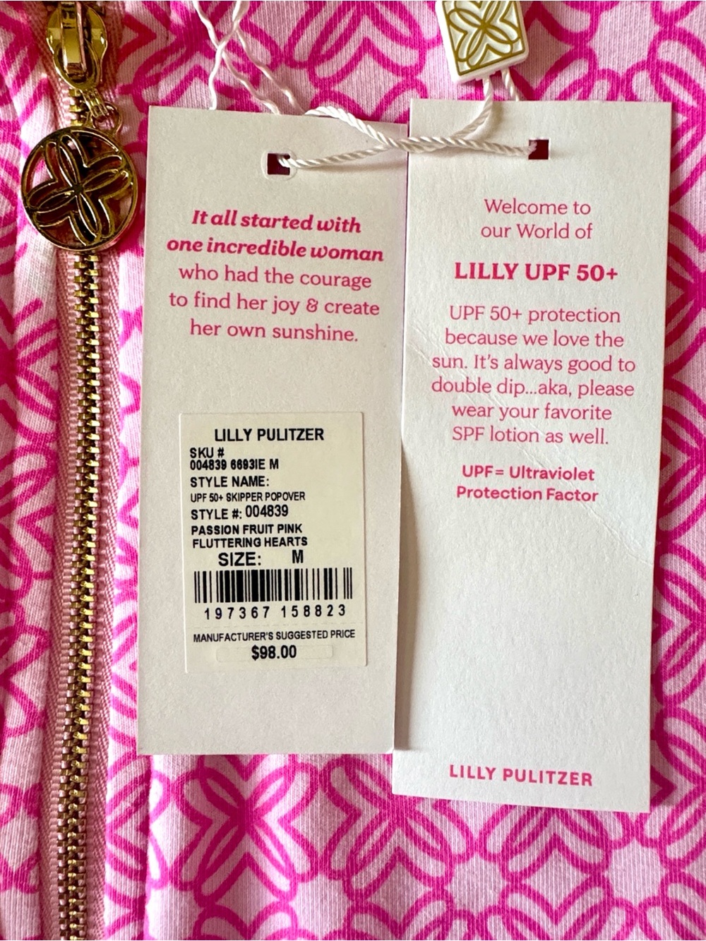 Lilly Pulitzer UPF 50+ Skipper Popover Passion Fruit Pink Fluttering Hearts, M - Picture 4 of 11